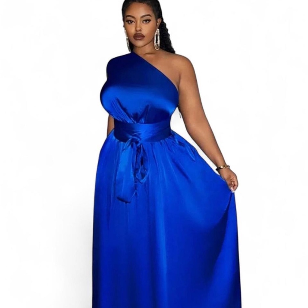 Royal Blue One-Shoulder Maxi Dress Size 2XL Satin Look Formal Evening Gown